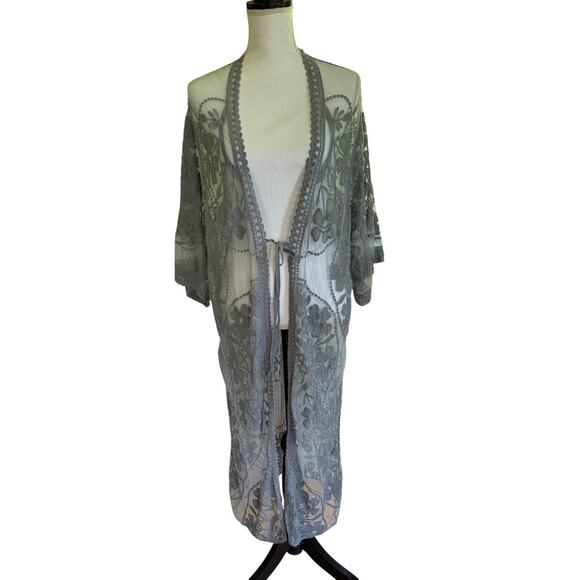 Mesh Embroidered Floral Duster Kimono OS Gray Boho Hippie Festival Western - Picture 1 of 6